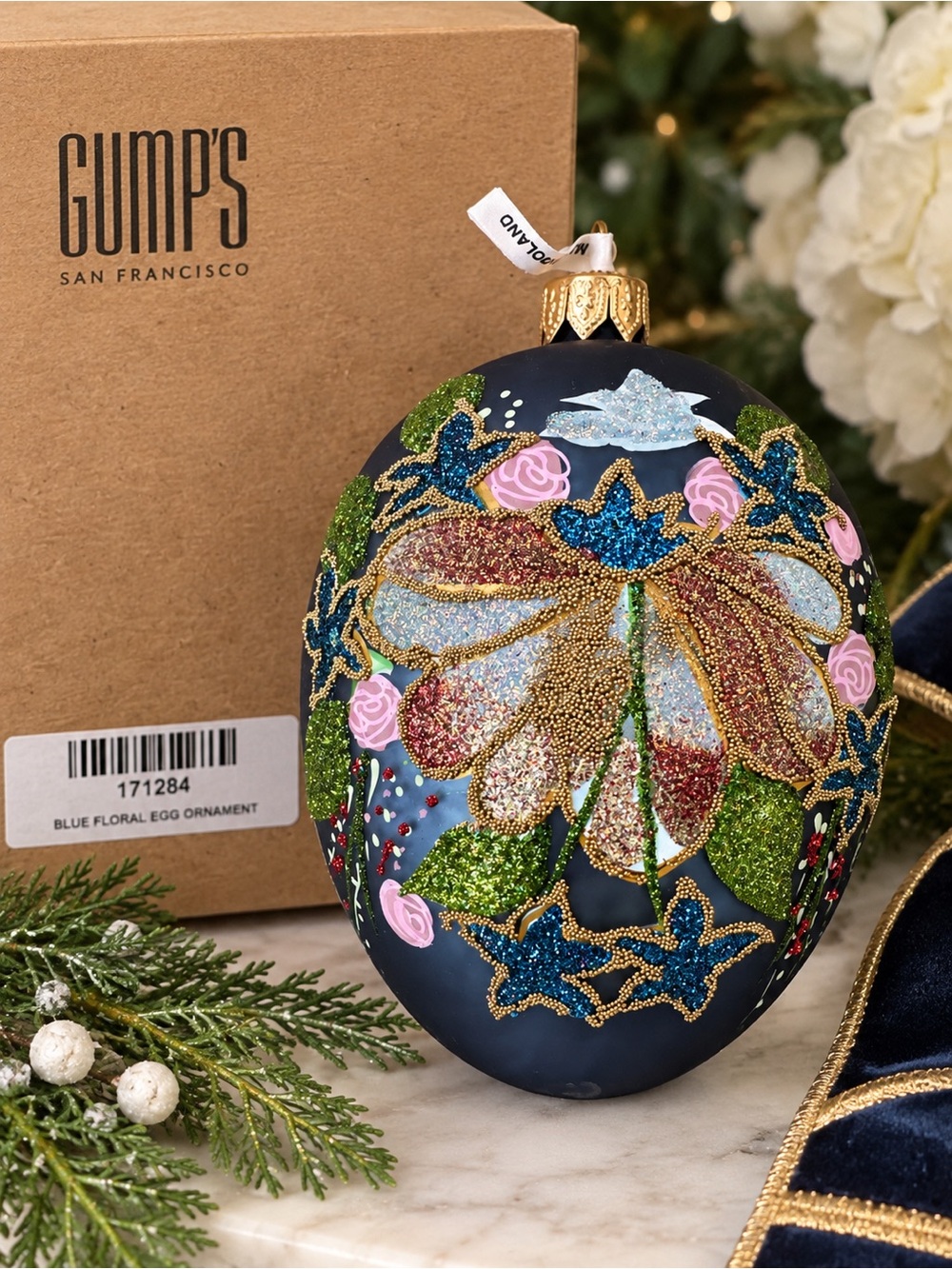 Gump’s San Francisco Blue Floral Egg Ornament Hand-Decorated Poland – Orig Box